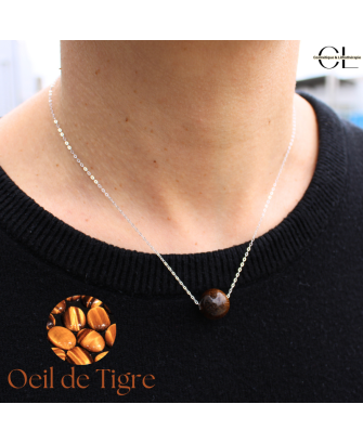 Collier en argent 925 avec pierre Oeil de Tigre AA boule 12mm