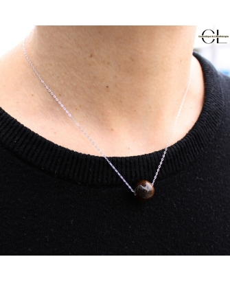 Collier en argent 925 avec pierre Oeil de Tigre AA boule 12mm