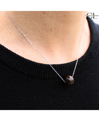 Collier en argent 925 avec pierre Oeil de Tigre AA boule 12mm
