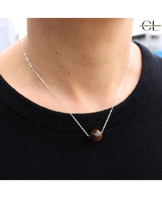 Collier en argent 925 avec pierre Oeil de Tigre AA boule 12mm