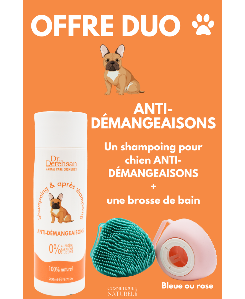 Shampoing pour chien 200ml  brosse de bain - OFFRE DUO - ANTI-DÉMANGEAISONS