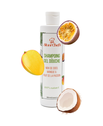 2en 1Gel douche corps et shampoing à la noix de coco, mangue  fruit de la passion - 250ml 100% naturel