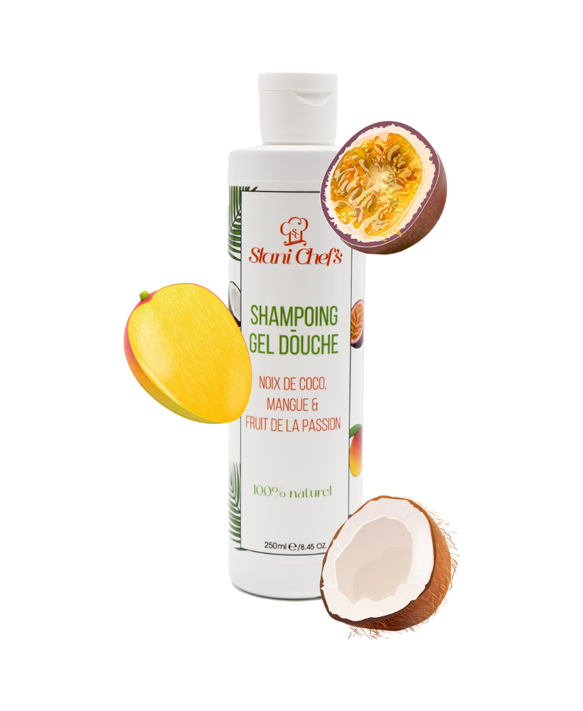 2en 1Gel douche corps et shampoing à la noix de coco, mangue  fruit de la passion - 250ml 100% naturel