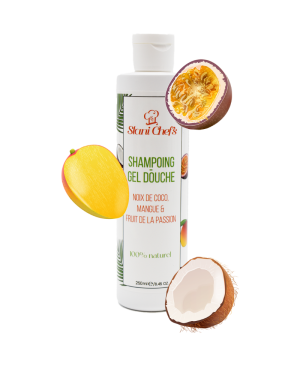 2en 1Gel douche corps et shampoing à la noix de coco, mangue  fruit de la passion - 250ml 100% naturel